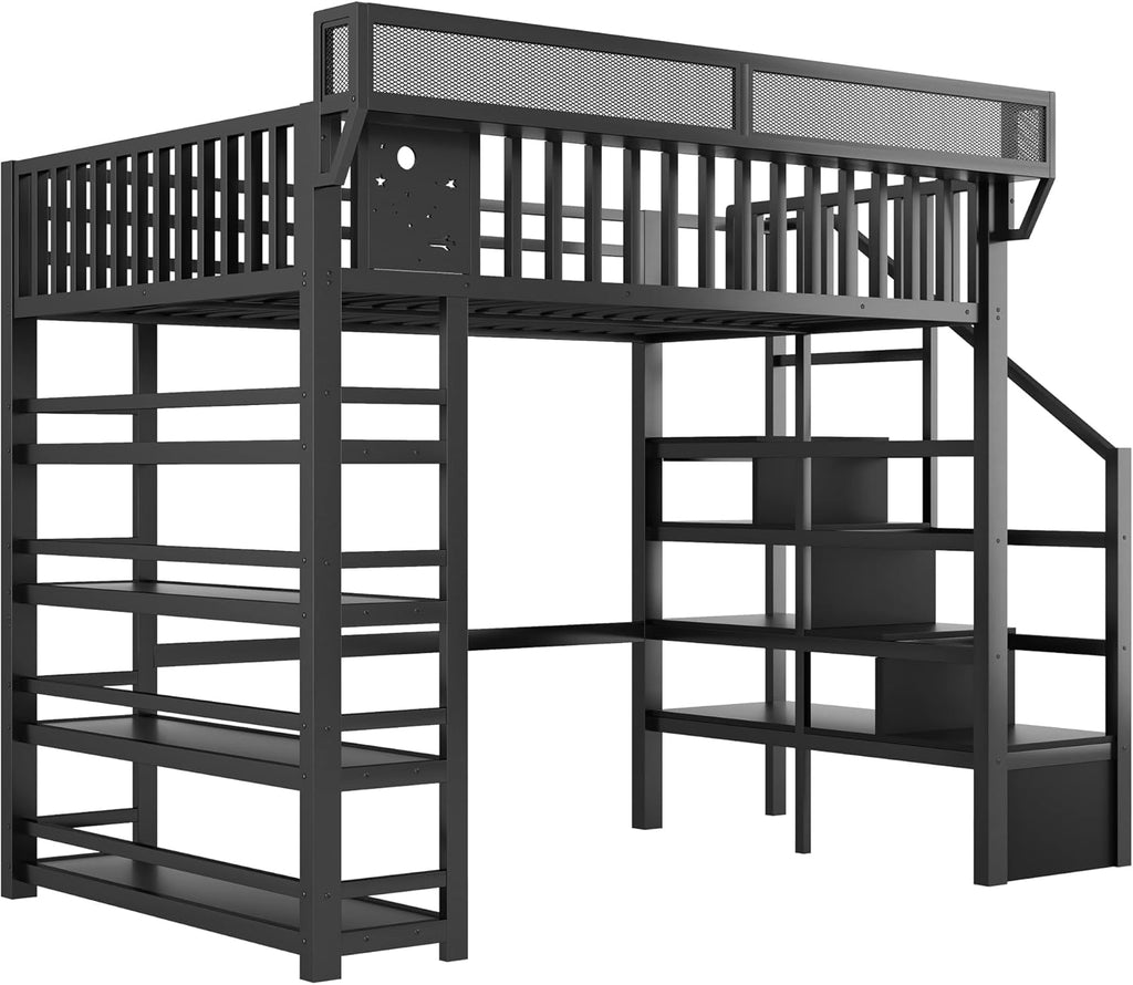 JIVOIT Metal Full Loft Bed with 4 Shelf Storage Rack, Stairs Storage, Open Shelves for Upper, Space-Saving Full Loft Bed with Guardrails and Metal Slats Support for Kids Teens (Black/1)