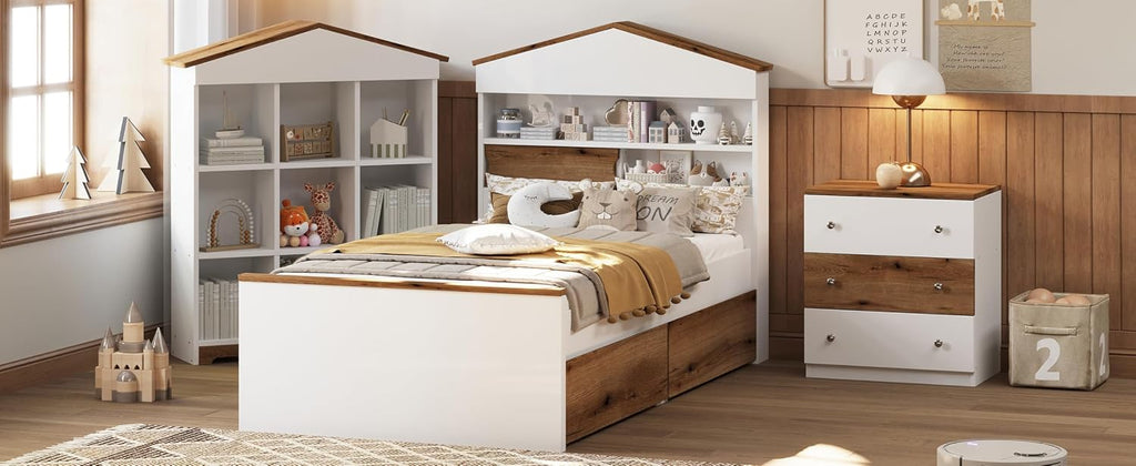 3 Pcs Bedroom Sets, Twin Size House Shaped Wooden Bed with Storage Drawers, Nightstand with Colorblock Design and House Shaped Stroage Rack, Brown+White
