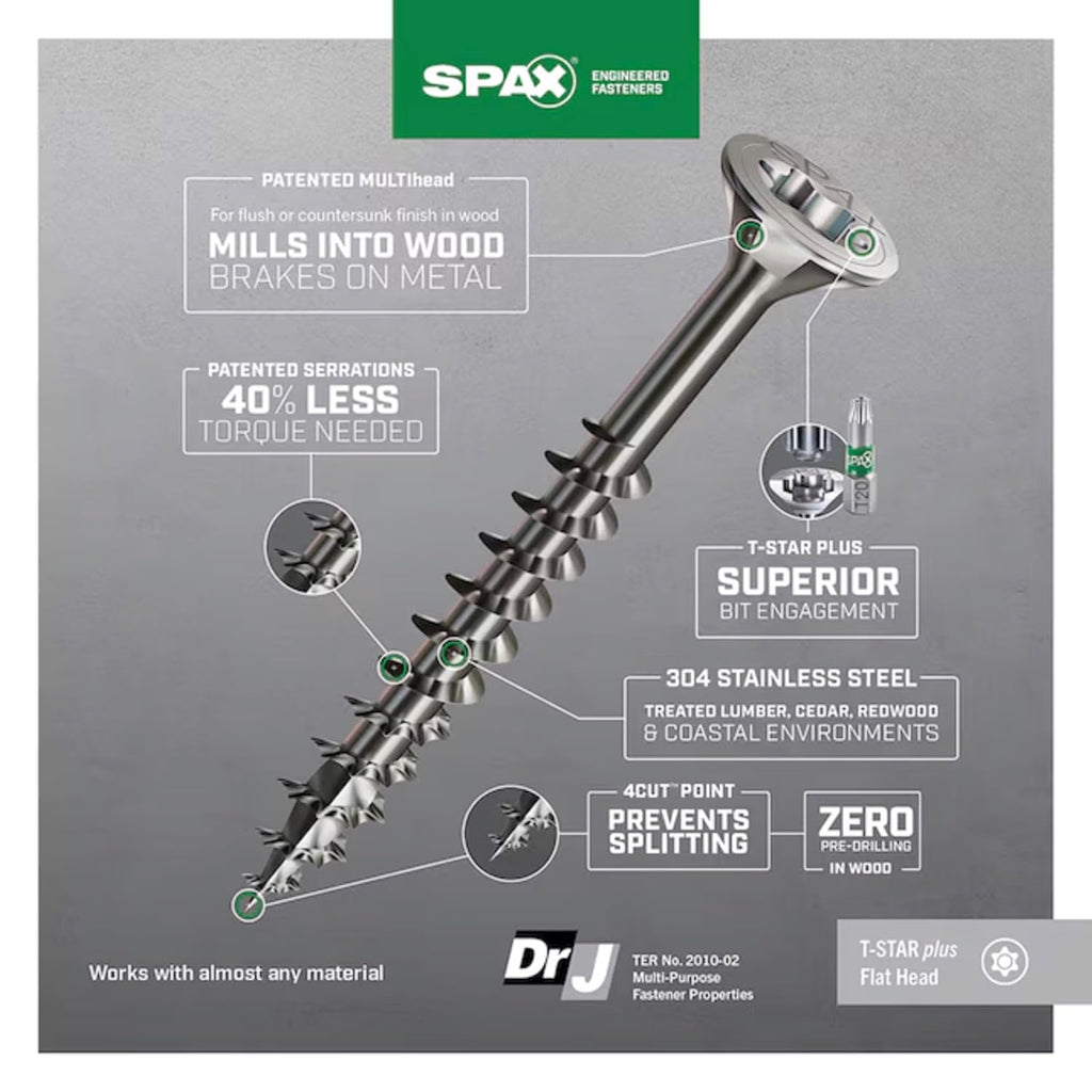#9 x 1-1/2' Exterior Flat Head Construction Wood Screws (2000 pcs) T20+ T-Star Plus Stainless Steel