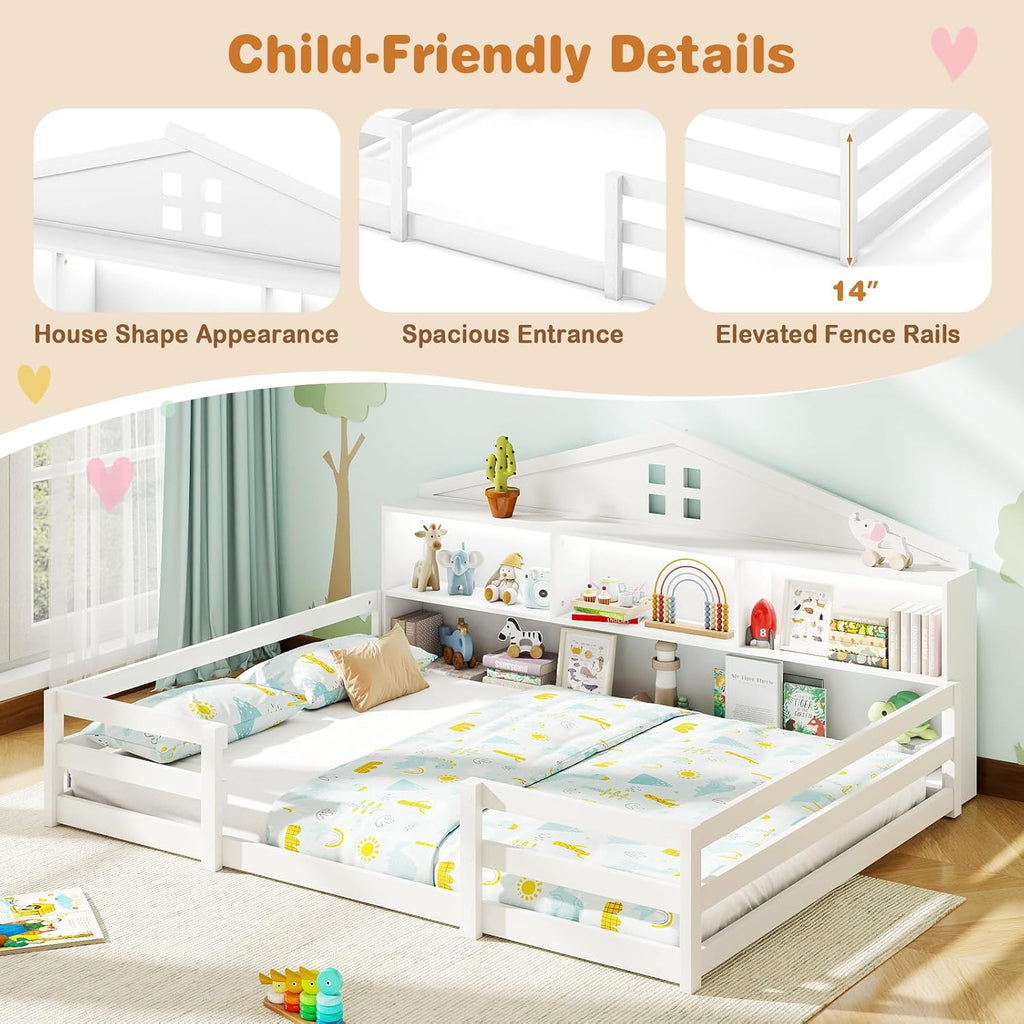 Giantex Full Size Montessori Floor Bed with LED Lights, 2-in-1 Wooden House Bed Frame with Safety Guardrails, Storage Compartments & Shelf, No Box Spring Needed, Without Slats, White