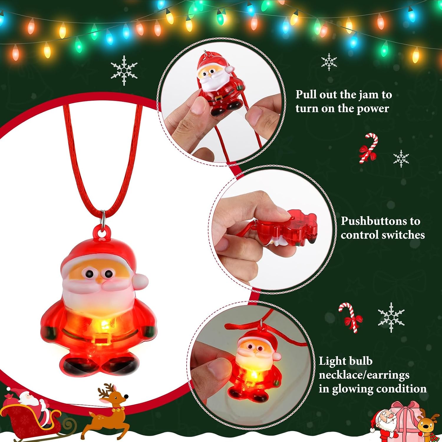 Sumind 200 Pcs Light up Christmas Bulb Necklaces Xmas LED Necklaces Santa Claus Lights Necklace Party Favors Christmas Tree Snowman Snowflake Candy Decorations