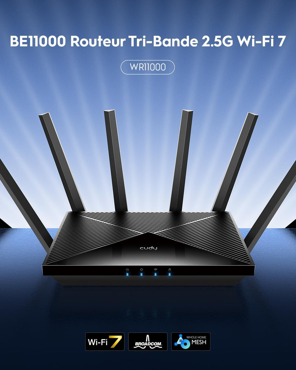 Cudy Tri-Band WiFi 7 BE11000 Router, 6-Stream 10 Gbps, 4 × 2.5G Ports, Up to 11000Mbps, VPN Server and Client, Cudy APP and Mesh, 6 × High-gain Antennas, WR11000