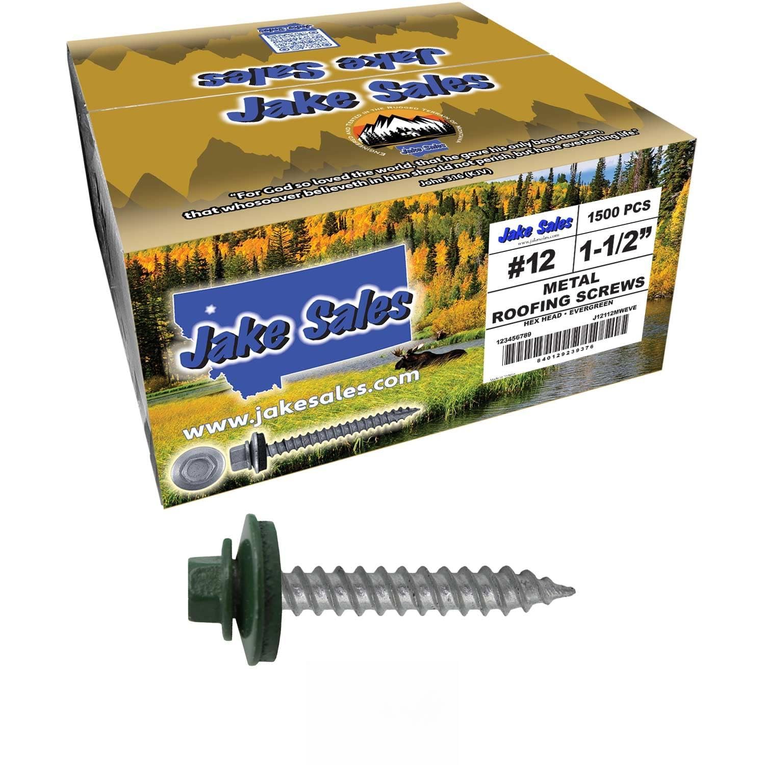 12 x 1-1/2' Evergreen Metal Roofing Screws - Hex Washer Head- Self-Starting/Tapping - EPDM Washer. 6 X 250 Bags - 1,500 Screws