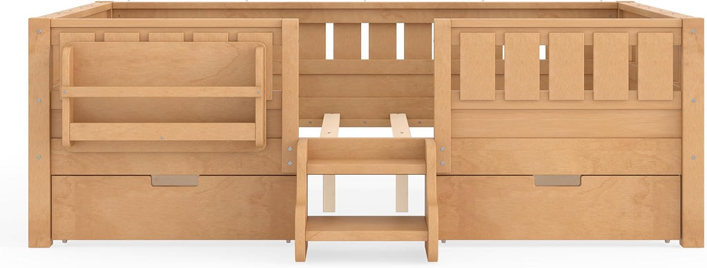 Bellemave Full Kids Montessori Bed with Stairs, Bookshelf and Drawers, Solid Wood Kids Bed Frame with Storage for Boys Girls, Low Profile,Light Natural