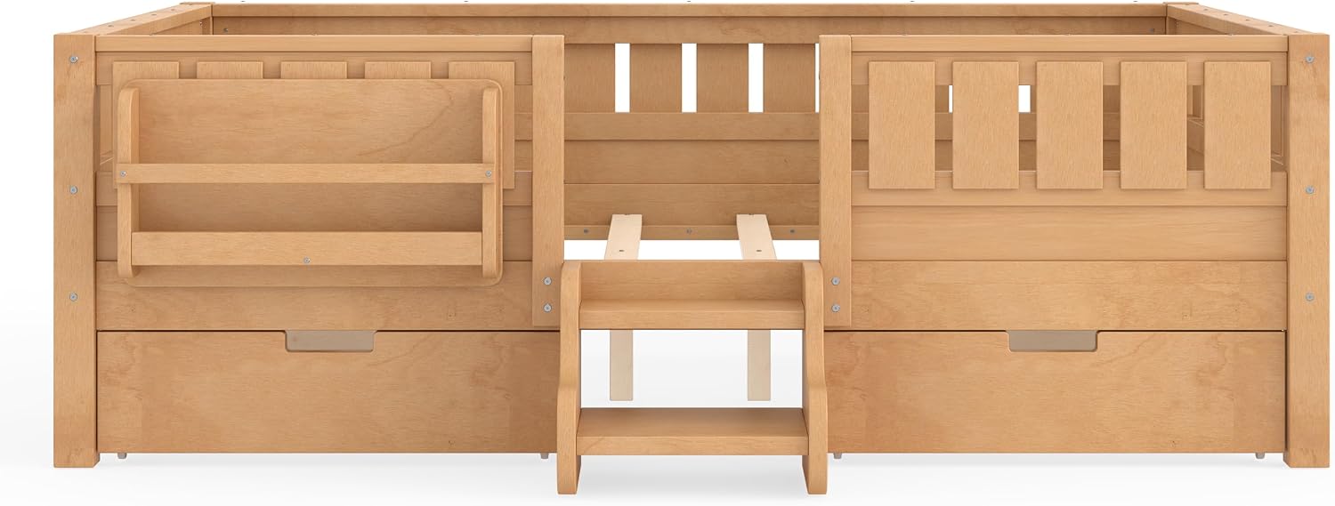 Bellemave Full Kids Montessori Bed with Stairs, Bookshelf and Drawers, Solid Wood Kids Bed Frame with Storage for Boys Girls, Low Profile,Light Natural
