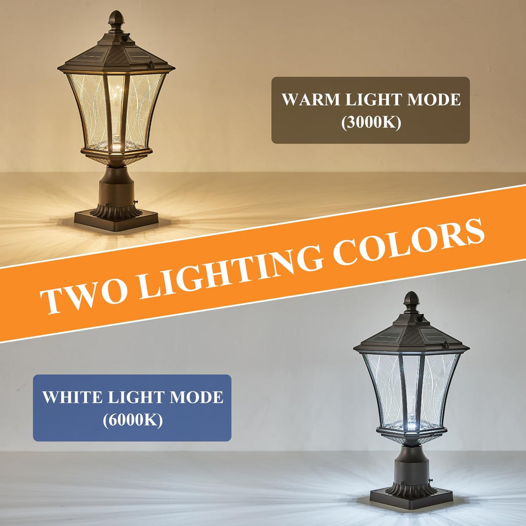 Dusk to Dawn Solar Outdoor Post Lights, Brown Outside Pillar Lights with Pier Mount Base, Waterproof Aluminum Solar Pole Lamps Head with Patterned Glass for Yard, Path, Garden