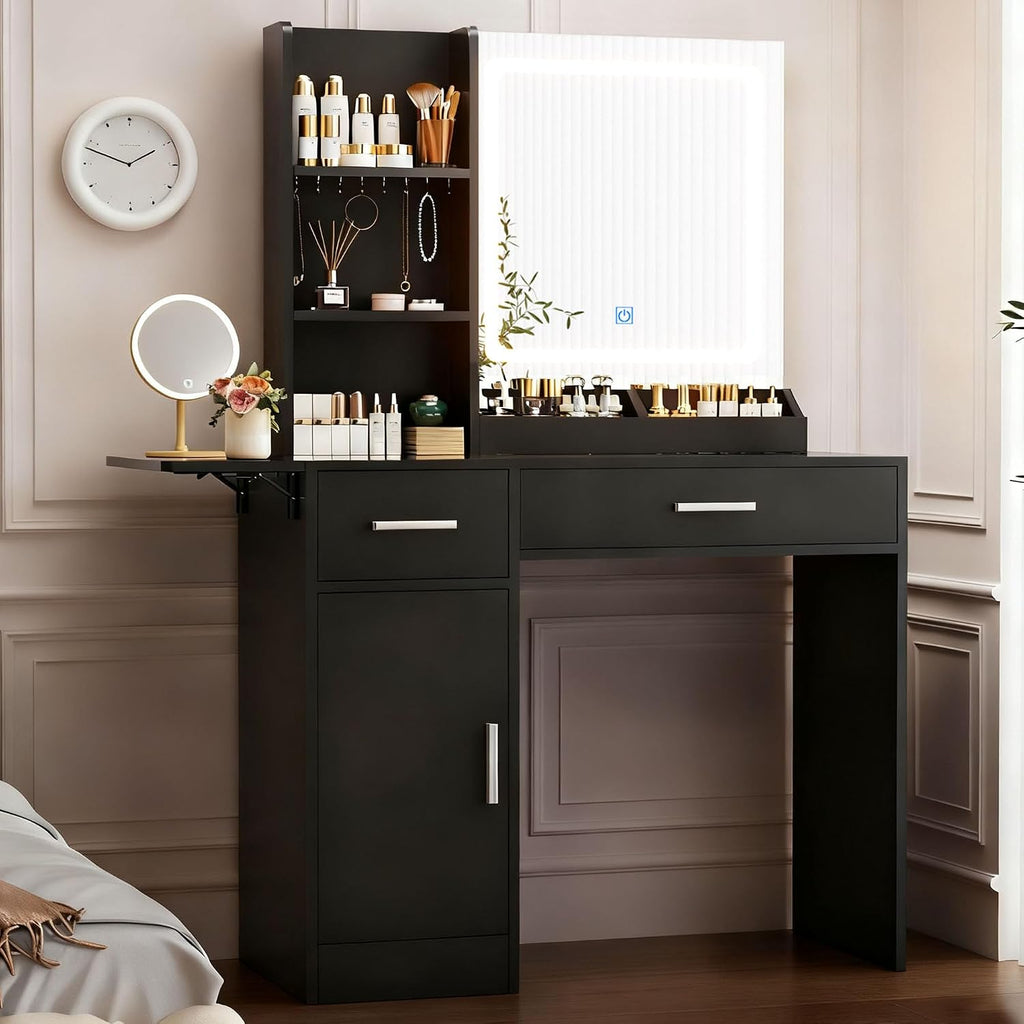 ERLEJIA Vanity Desk with Mirror and Lights, 39.37' 4 Drawers Makeup Desk Without Stool, Extra Foldable Desk with 3 Open Shelves Make Up Table for Girls and Ladies Bedroom, Black