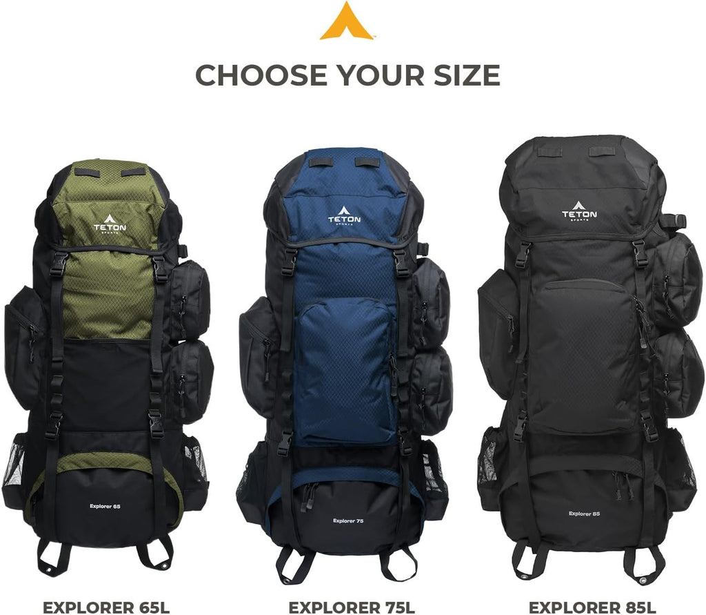 Teton 65L Explorer Internal Frame Backpack for Hiking, Camping, Backpacking, Rain Cover Included, Olive