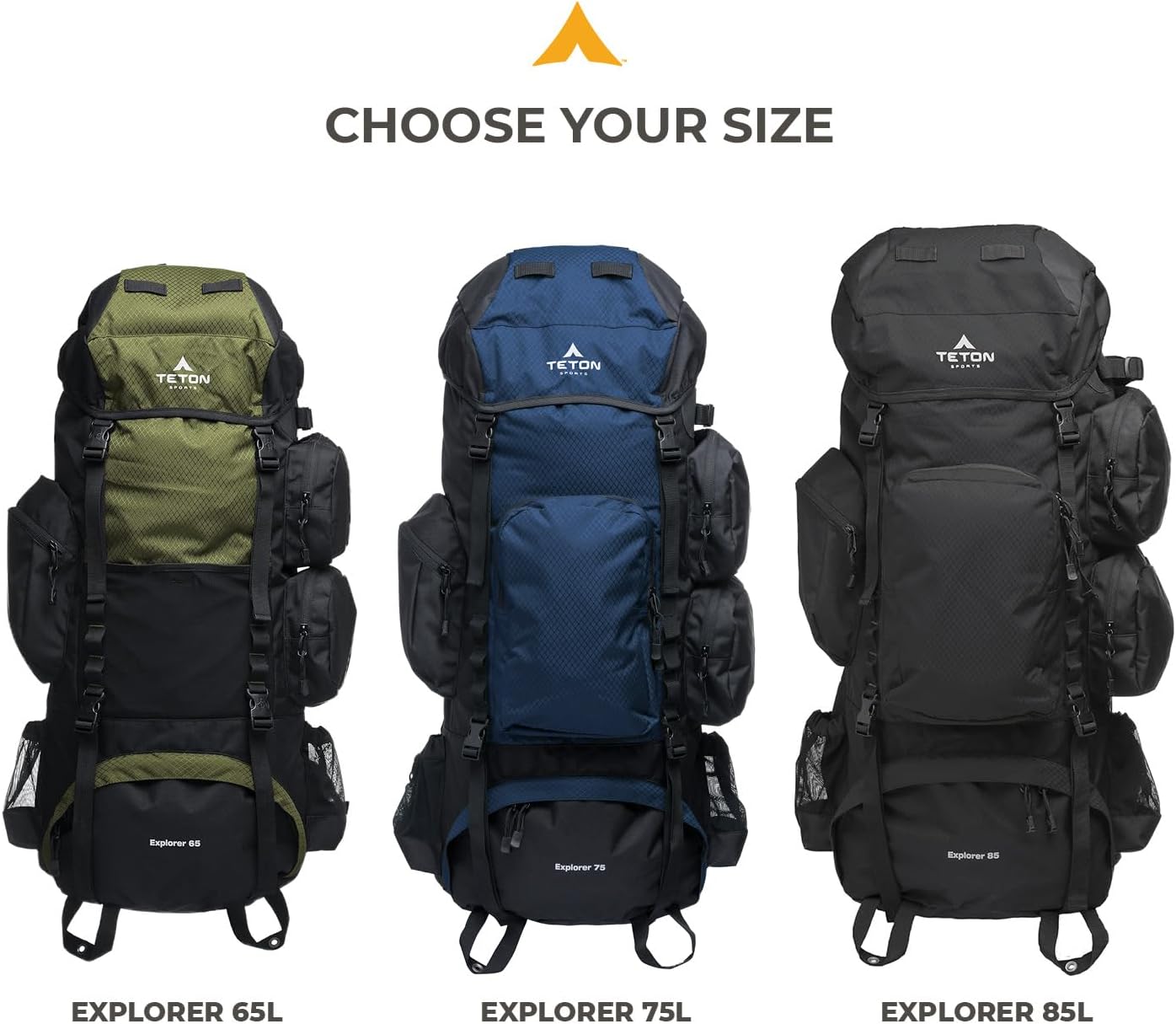 Teton 65L Explorer Internal Frame Backpack for Hiking, Camping, Backpacking, Rain Cover Included, Olive