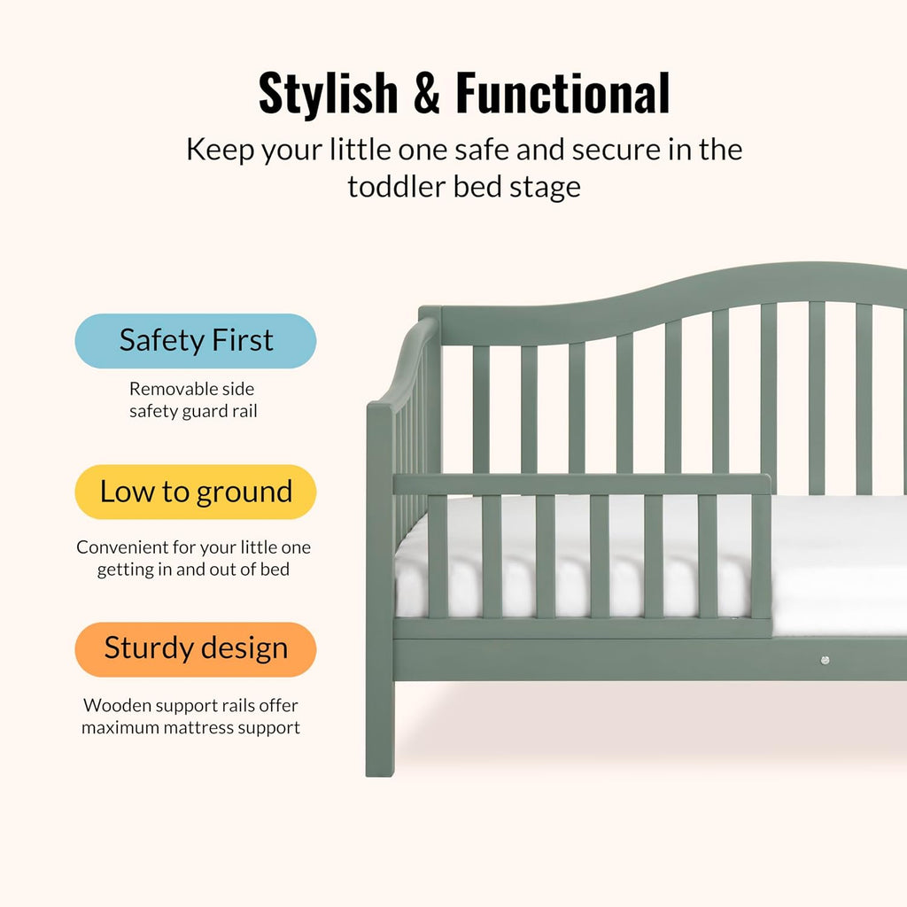 Dream On Me Austin Toddler Day Bed with Rails in Meadow Green, Low to Floor Toddler Day Bed, Greenguard Gold & Baby Safety Alliance Certified, Non-Toxic Finishes, Side Safety Guard Rail