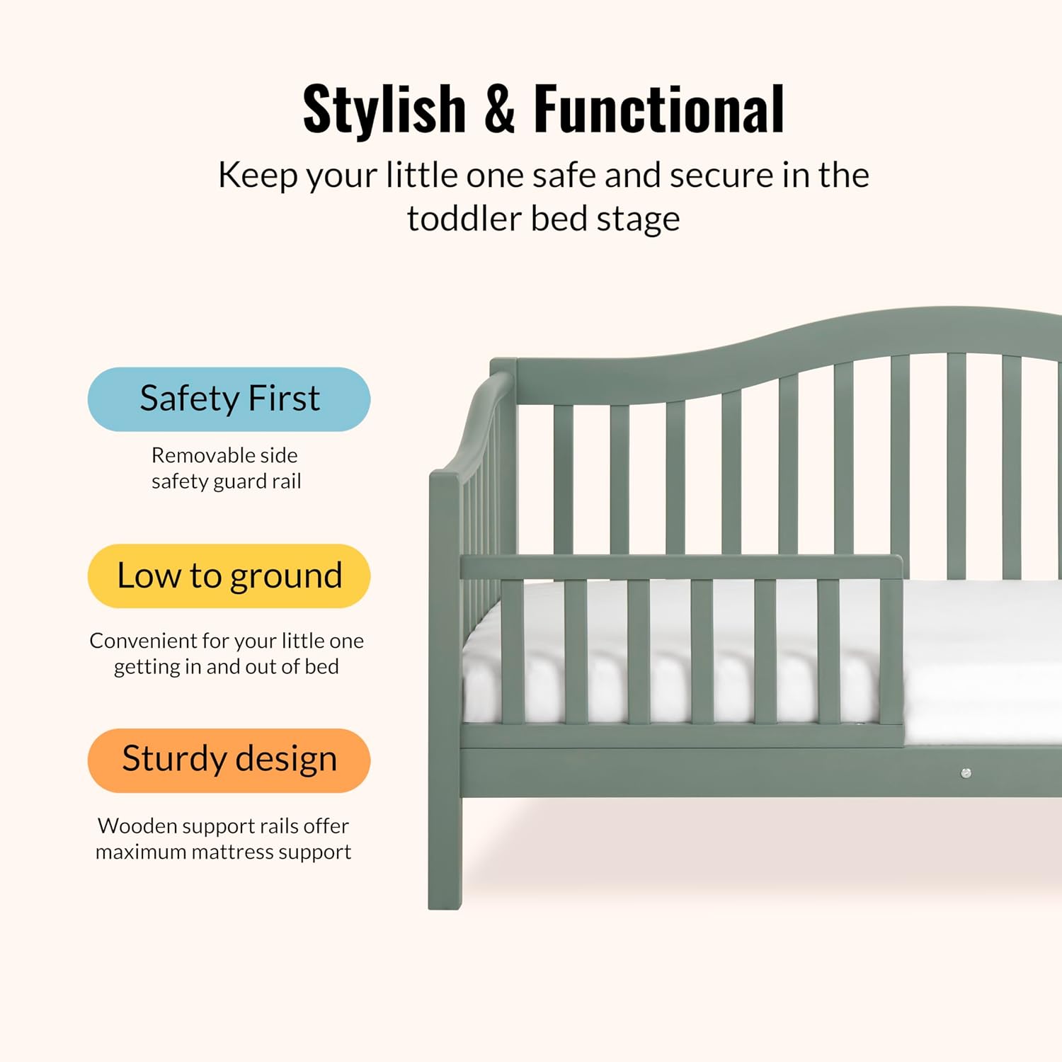 Dream On Me Austin Toddler Day Bed with Rails in Meadow Green, Low to Floor Toddler Day Bed, Greenguard Gold & Baby Safety Alliance Certified, Non-Toxic Finishes, Side Safety Guard Rail