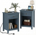 ChooChoo Farmhouse Nightstand Set of 2,Night Stand with Charging Station, Wooden Top Bedside End Table with Drawer and Storage Space for Bedroom, Blue