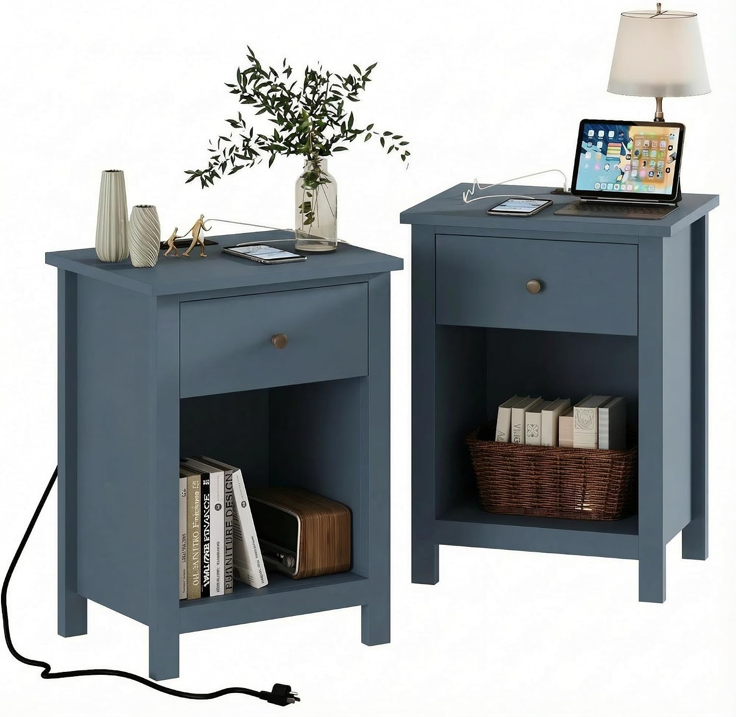 ChooChoo Farmhouse Nightstand Set of 2,Night Stand with Charging Station, Wooden Top Bedside End Table with Drawer and Storage Space for Bedroom, Blue
