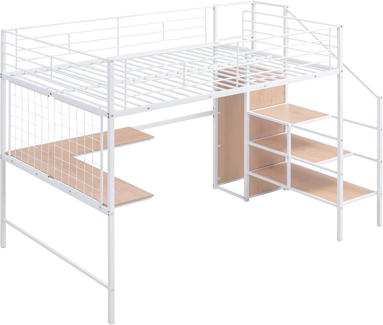 Metal Loft Bed with L-Shape Desk and Metal Grid, Lateral Storage Ladder and Wardrobe, Full Size Metal Frame Bed with Metal Slat Support and Guardrail, No Box Spring Needed (White-Wardrobe,Full)