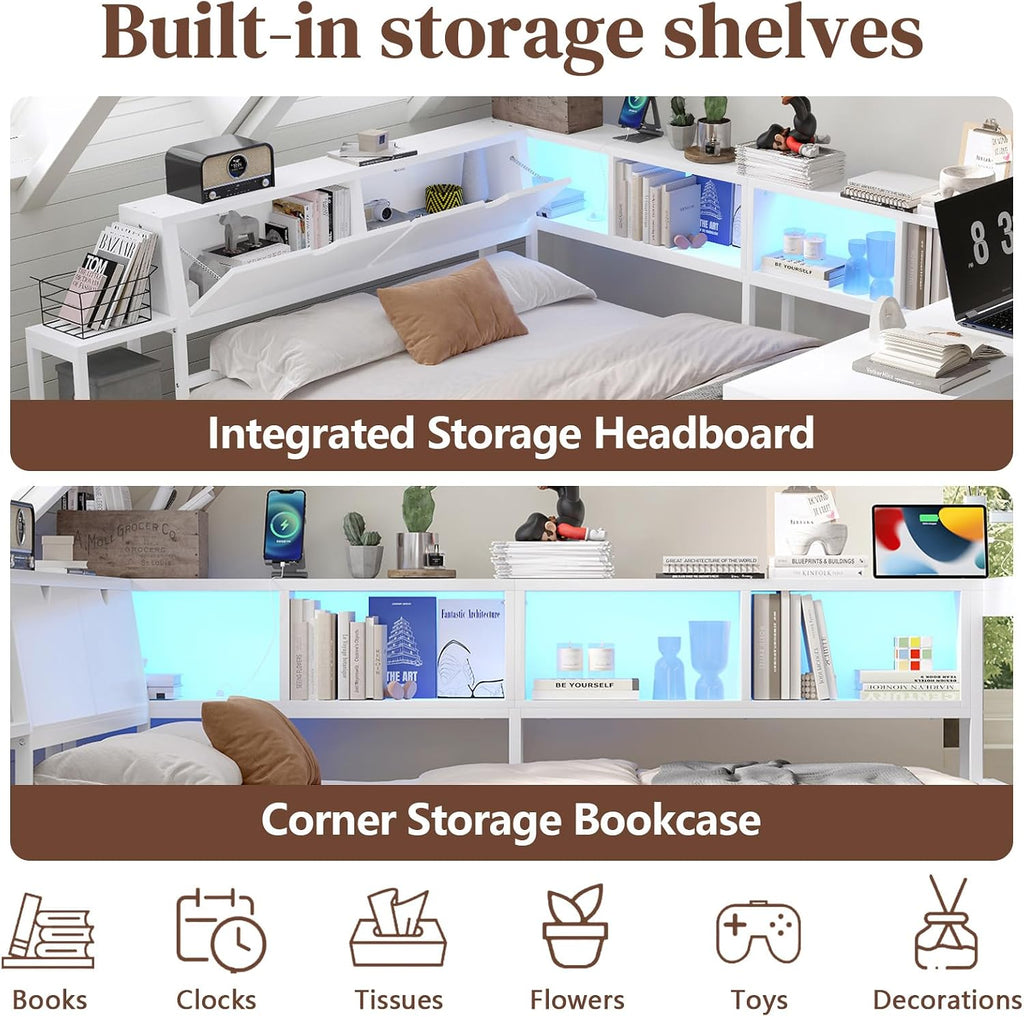 Full Corner Bed Frame with Storage Drawers, Modern Metal Day Bed Frame & L Shaped Bedframe with Led Lights/Charging Station/Bookcase/Desk (White, Queen)