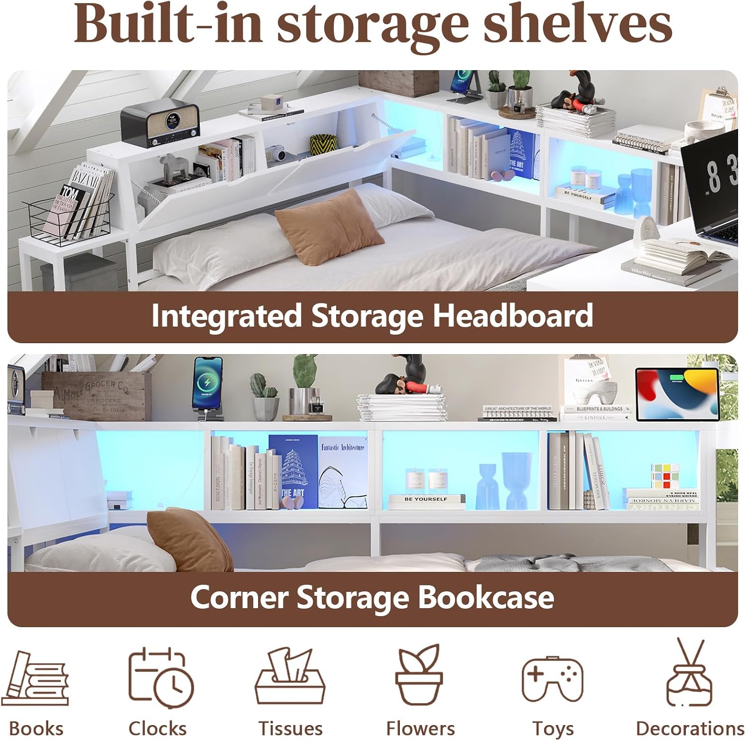 Full Corner Bed Frame with Storage Drawers, Modern Metal Day Bed Frame & L Shaped Bedframe with Led Lights/Charging Station/Bookcase/Desk (White, Queen)