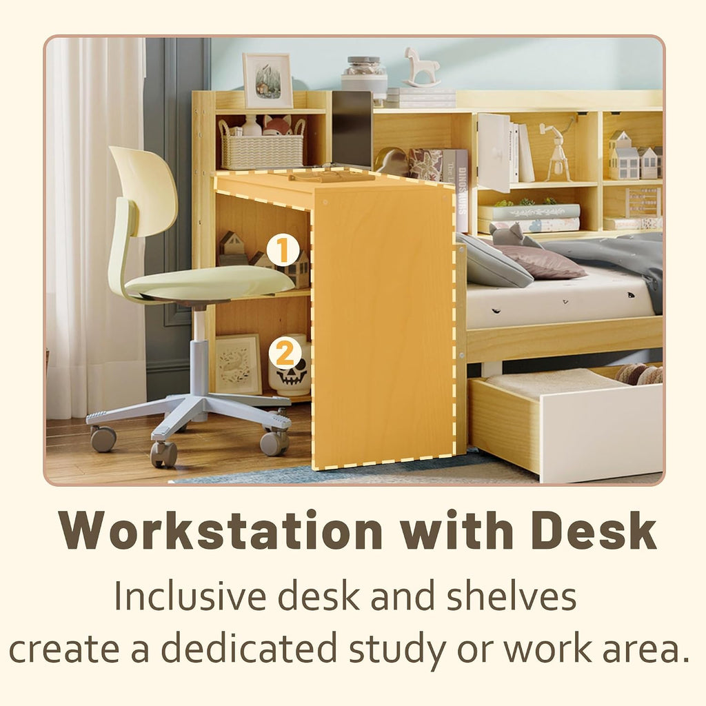 Twin Bed Frames with Storage, L-Shaped Corner Beds with Desk, Wood Daybed with Bookcase, Platform Beds with Drawers and Shelves for Living Room, Bedroom, Teens Room, Natural