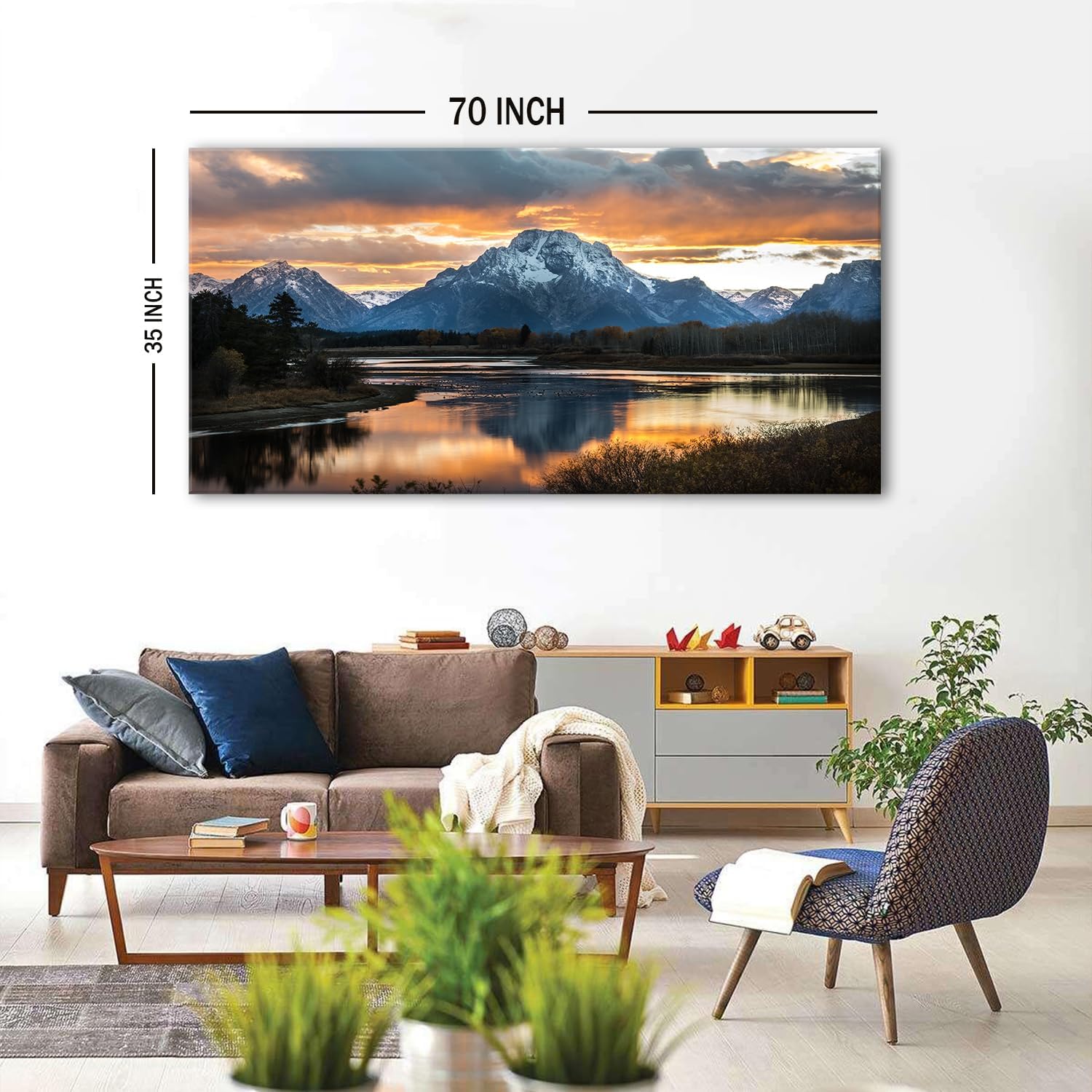 Extra Large Mountain Wall Art for Living Room Sunset Nature Grand Teton Wall Decor National Park Posters Wyoming Snake River Landscape Canvas Prints Artwork for Bedroom Office Home Decoration 35x70'