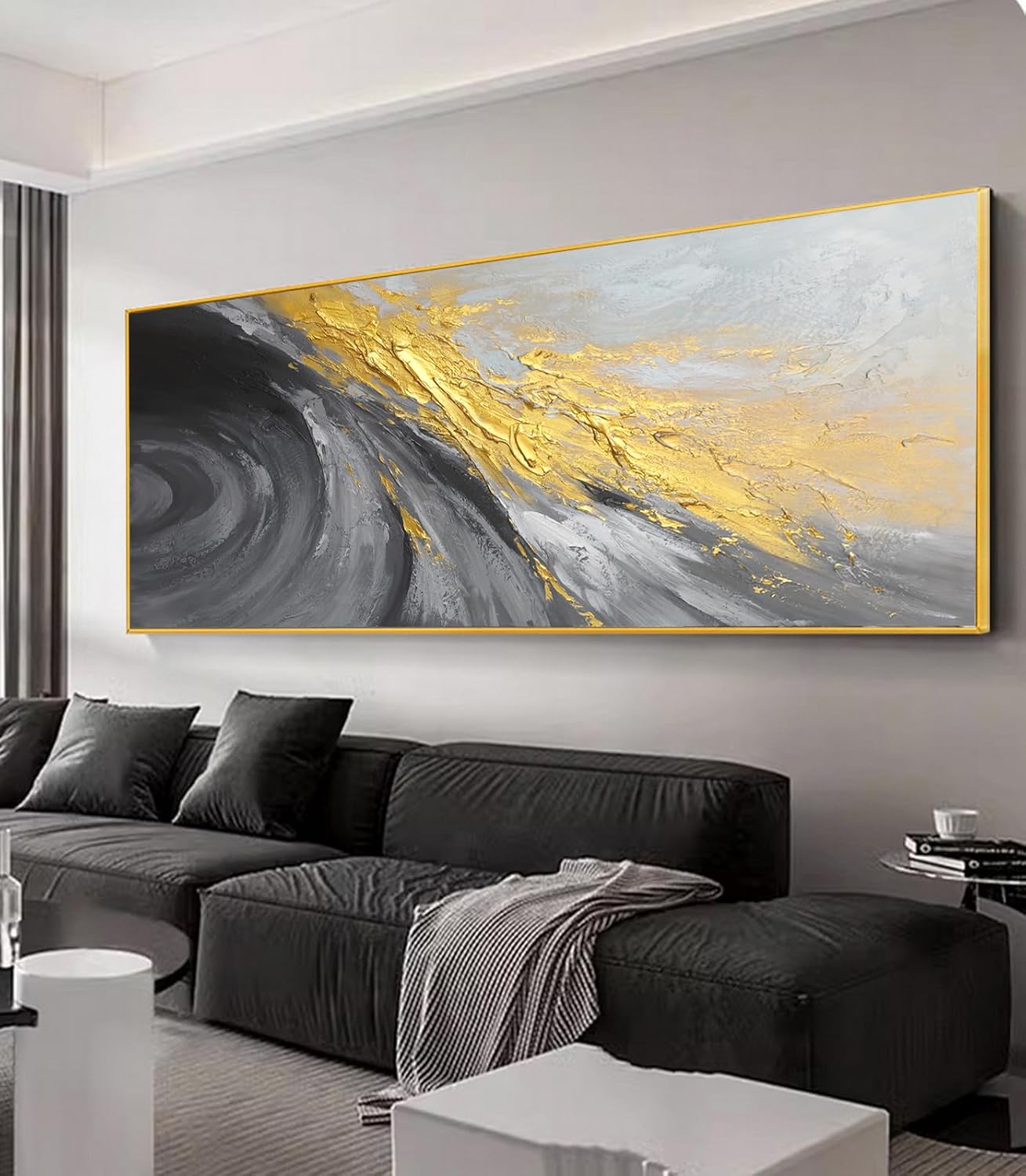 Large 3D Black and White Abstract Wall Art for Living Room, Gold Framed Textured Artwork for Office-Hand Painted Oil Painting on Canvas for Bedroom Home Decoration 24x56 inches