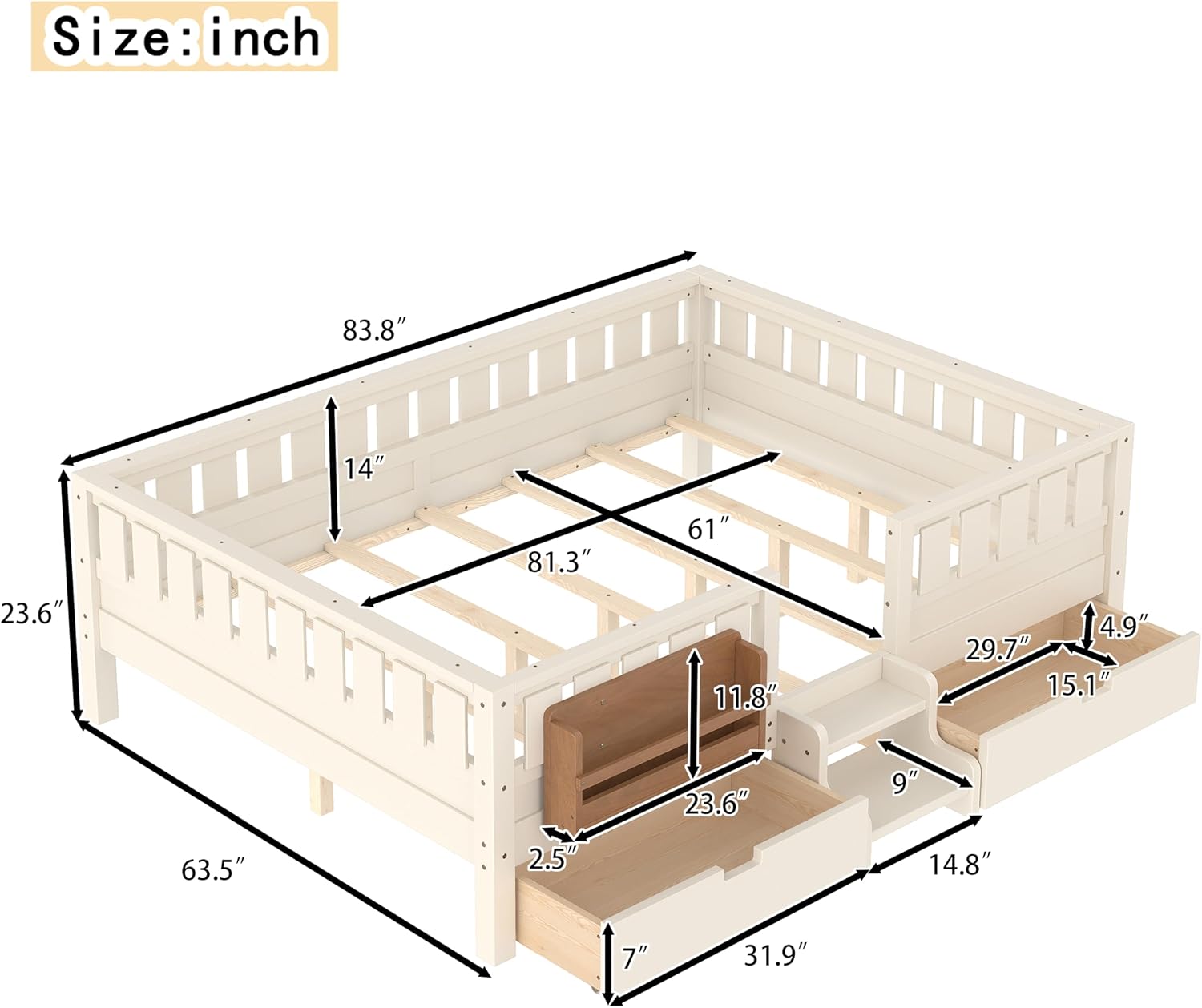Bellemave Queen Size Kids Montessori Bed with Stairs and Bookshelf,Solid Wood Queen Size Kids Bed Frame with Drawers and Storage for Girls Boys,Low-Profile,Beige