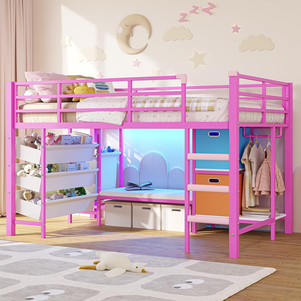 DICTAC Low Twin Size Loft Bed with Reading Corner and Bookshelf,Metal Twin Loft Bed with LED Lights,3 Sling Drawers&2 Movable Storage Bins,loft bed for Kids with 13.98'H Safety Guardrail & Stairs,Pink