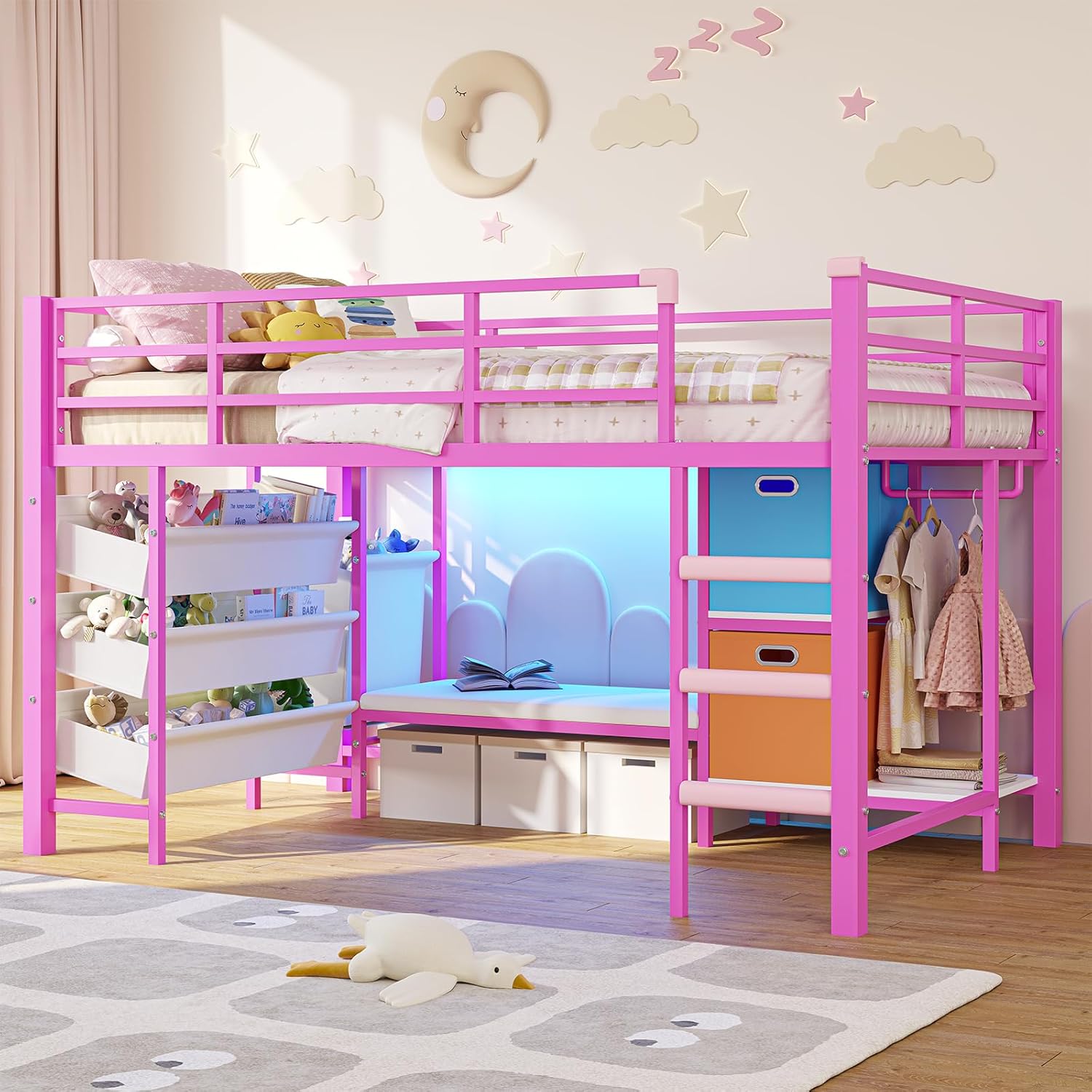 DICTAC Low Twin Size Loft Bed with Reading Corner and Bookshelf,Metal Twin Loft Bed with LED Lights,3 Sling Drawers&2 Movable Storage Bins,loft bed for Kids with 13.98'H Safety Guardrail & Stairs,Pink