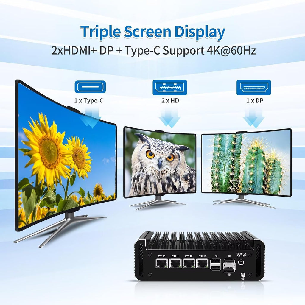 Mini Firewall PC N100 4 Core, 4 x i226V 2.5GbE LAN OPNsense Hardware, DDR5 8GB RAM 128GB SSD, Fanless Micro Computer Appliance, AES-NI, 3 Display, 2 x NVMe, 2 x SATA 3.0