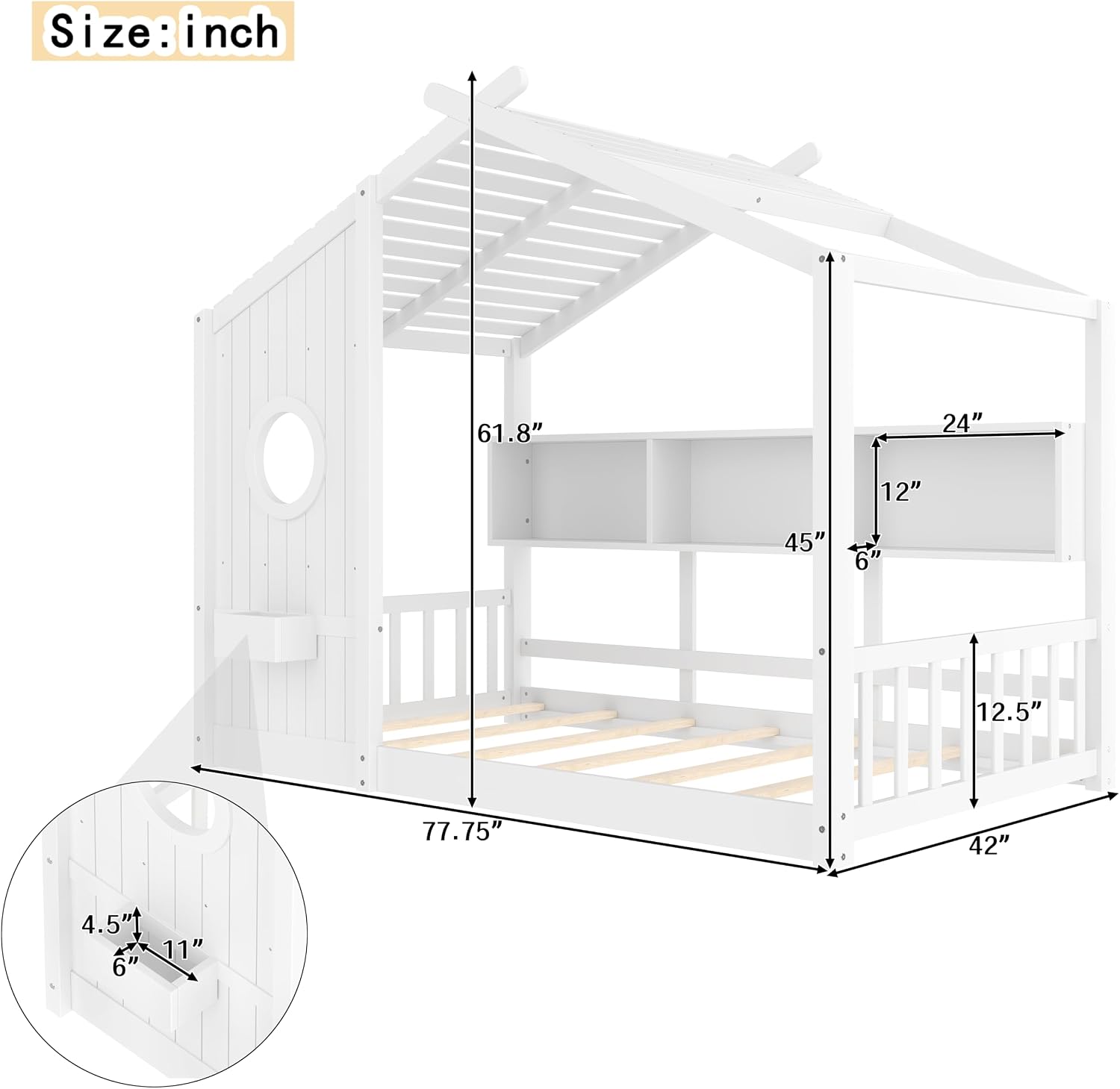 Twin Size Floor House Bed with Roof & Window for Kids,Kids Montessori Floor Bed with Storage Shelves,Cute Playhouse Bed Frame for Girls Boys,Wood House Bed No Box Spring Needed,Can be Decorated,White