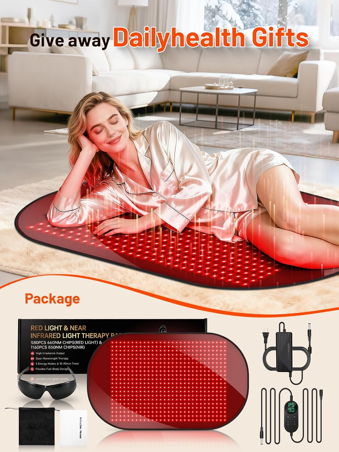 43'' x 26'' Red Light Therapy Mat for Body, 580 LEDs Near Infrared Light Therapy Pad Adjustable 10-90 min Timer, 660nm & 850nm Home Red Light Therapy for Back Belly Knee, 60W with Glasses
