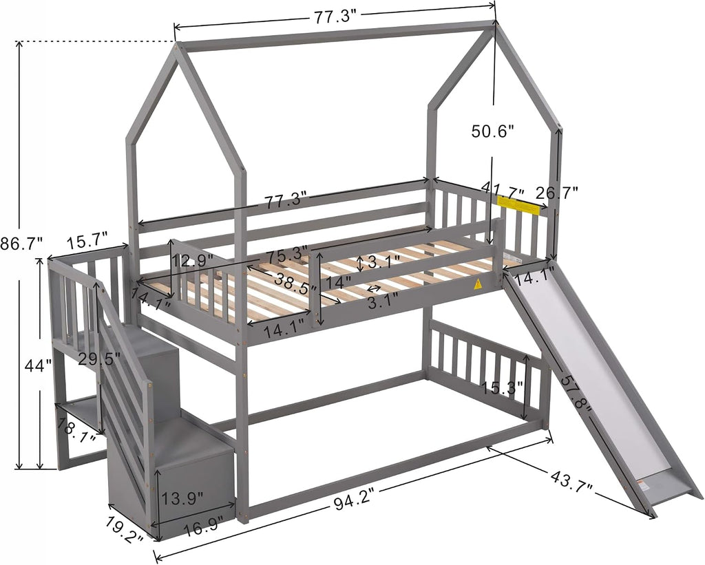 Wood House Bunk Bed for Kids Toddlers, Twin Over Twin Bunk Bed with Convertible Slide, Storage Staircase Can be Placed Left or Right, No Spring Box Required (Gray+House03)