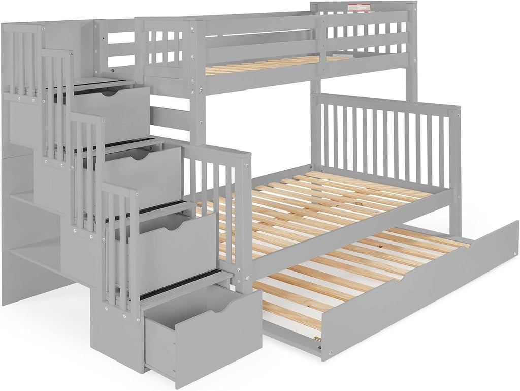 Bedz King Stairway Bunk Beds Twin Over Full, 4 Step Drawers, Twin Trundle, Gray