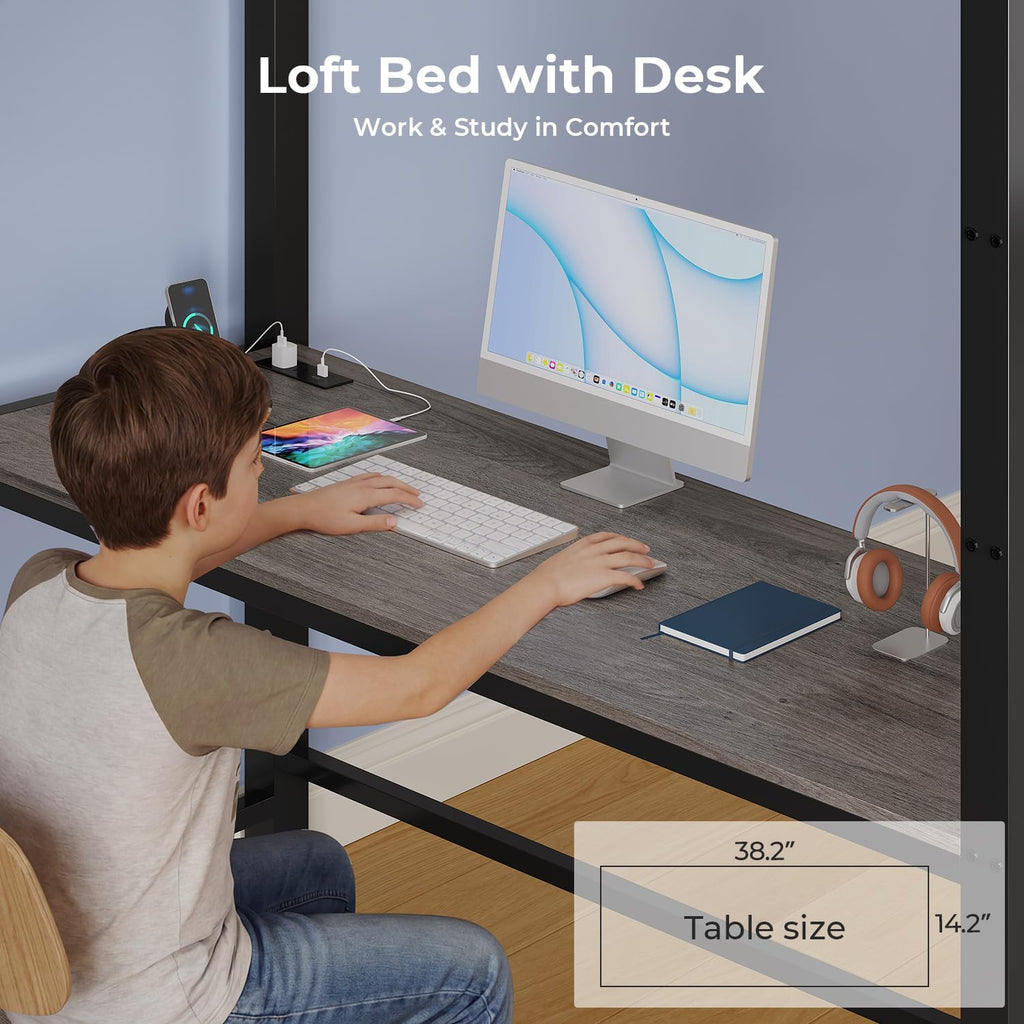 ADORNEVE Twin Loft Bed with Desk,14 Storage Drawers & Power Outlet, Kids Loft Bed Twin Size with LED Lights, Pegboard, Metal Loft Beds with Safety Guardrail & Ladder, Space Saving for Teens, Black