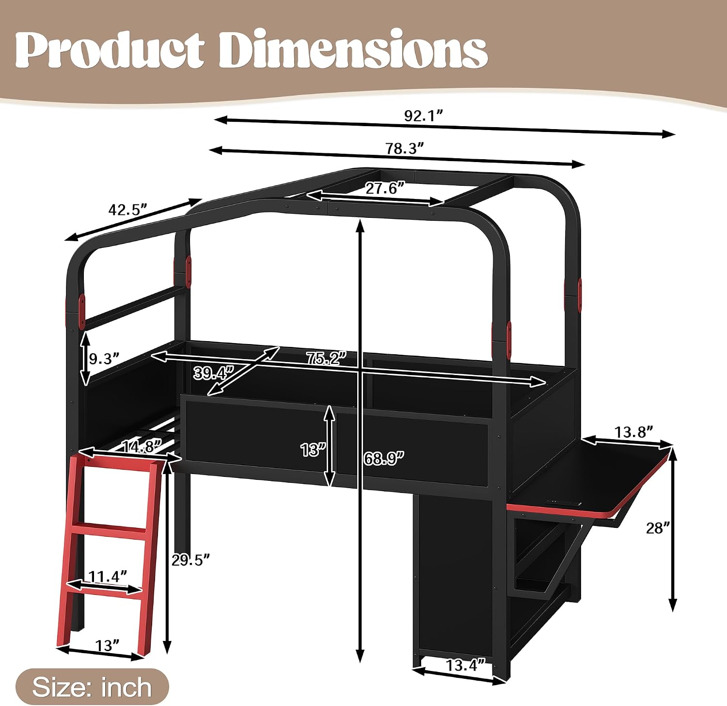 JIVOIT Twin Size Metal Loft Bed with Built-in Side Desk, Gaming Style Metal Low Loft Bed with Storage Cabinets, Chic Canopy Design, Easy Assembly