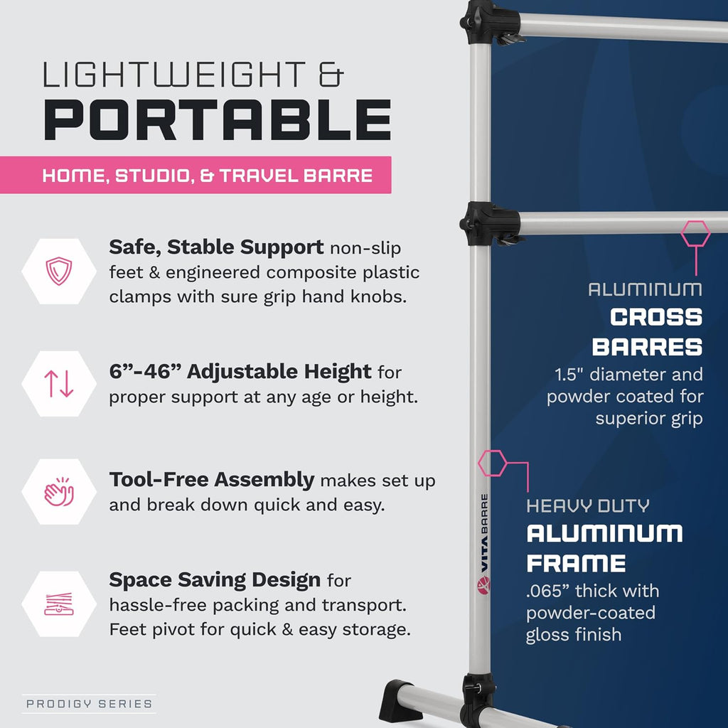 VITA Barre Portable Freestanding Double Ballet Barre, Prodigy, Aluminum | Adjustable Height, USA Made, Home or Gym Exercise Equipment for Kids & Adults | Dance, Fitness, Pilates