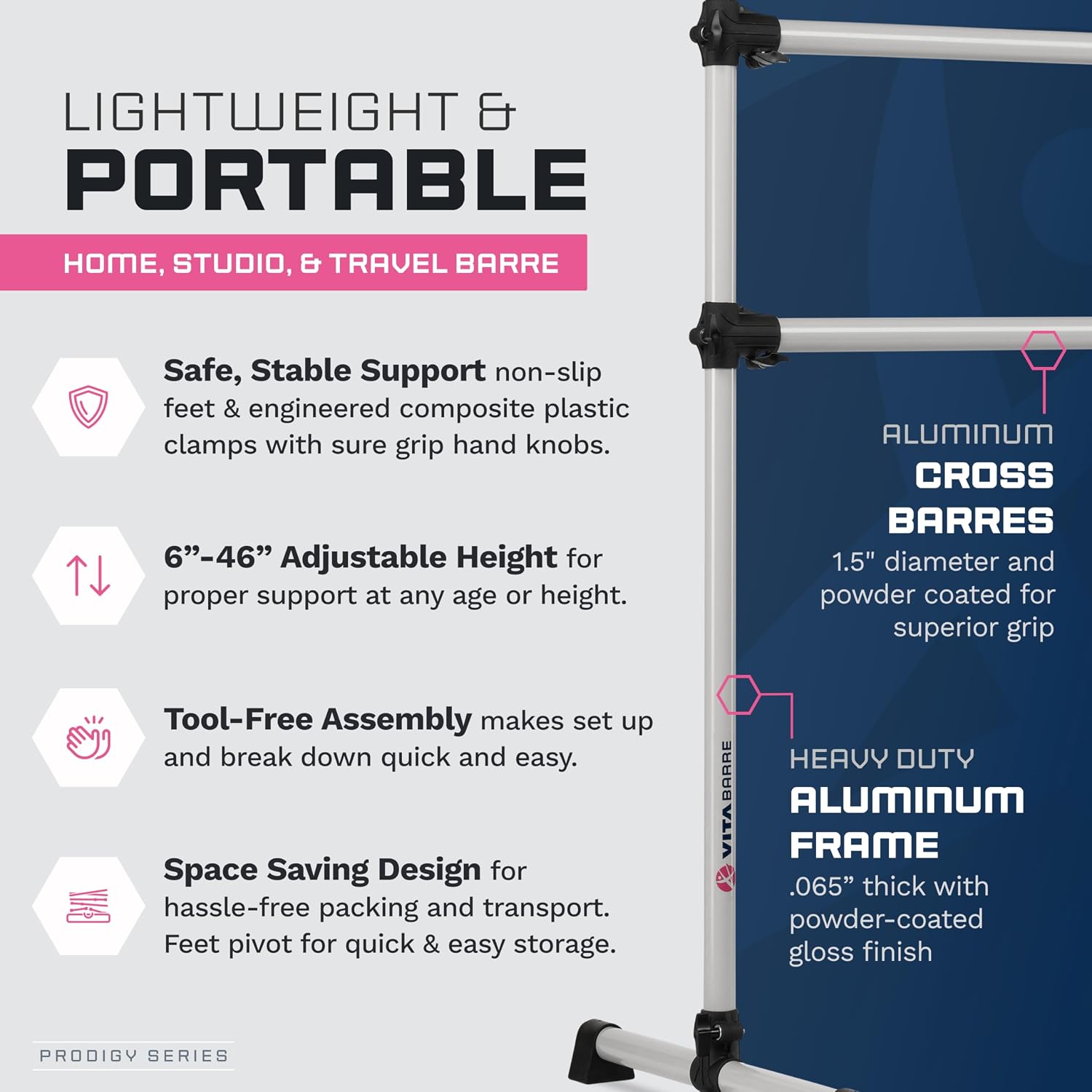 VITA Barre Portable Freestanding Double Ballet Barre, Prodigy, Aluminum | Adjustable Height, USA Made, Home or Gym Exercise Equipment for Kids & Adults | Dance, Fitness, Pilates