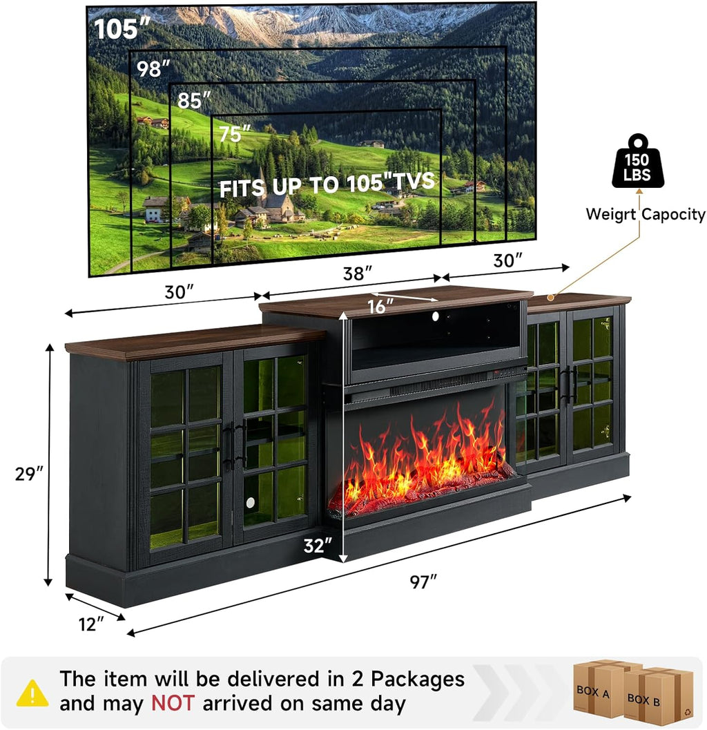 ROCKPOINT 97' Classical Farmhouse Fireplace TV Stand with 3 Sided Glass 36' Electric Fireplace Heater for TVs up to 100',Media Entertainment Center with Adjustable Shelves and Storage Cabinets,Black