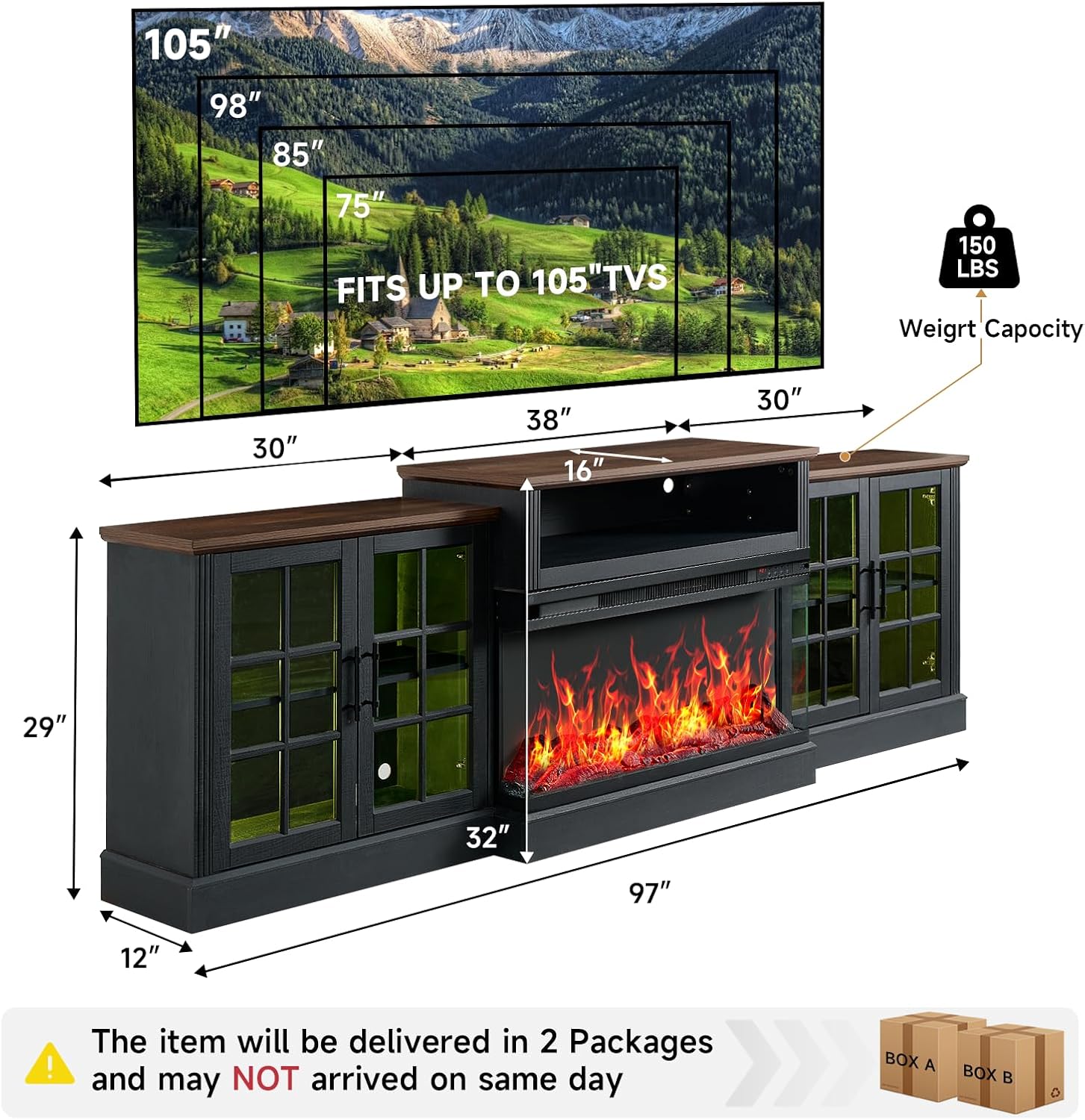 ROCKPOINT 97' Classical Farmhouse Fireplace TV Stand with 3 Sided Glass 36' Electric Fireplace Heater for TVs up to 100',Media Entertainment Center with Adjustable Shelves and Storage Cabinets,Black