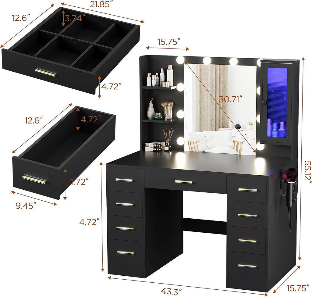 ERLEJIA Vanity Desk with Mirror and Lights, 43' Large Makeup Dressing Table with 9 Drawers, 3 Open Shelves, RGB LED Lighting & Power Outlet, Black