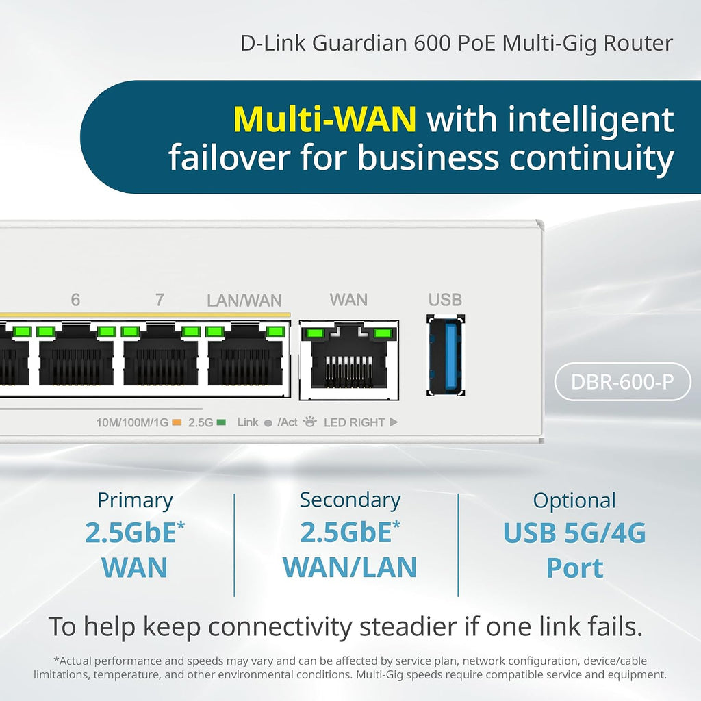 D-Link Guardian 600 PoE Multi-Gig Business Router (DBR-600-P), Premium Router with Multi-WAN Failover, SPI Firewall, 8X 2.5GbE PoE+ LAN, VPN