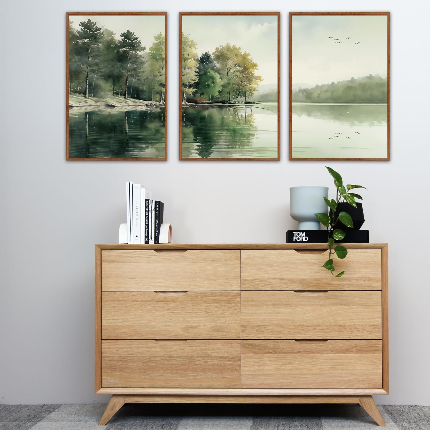 KAIRNE Framed Nature Canvas Wall Art Set,Misty Forest Wall Decor,Green Mountain Forest Pictures,Lake Water Painting set of 3(24'x36'),Landscape Scene Print for Living Room, Bedroom,Gallery Decor