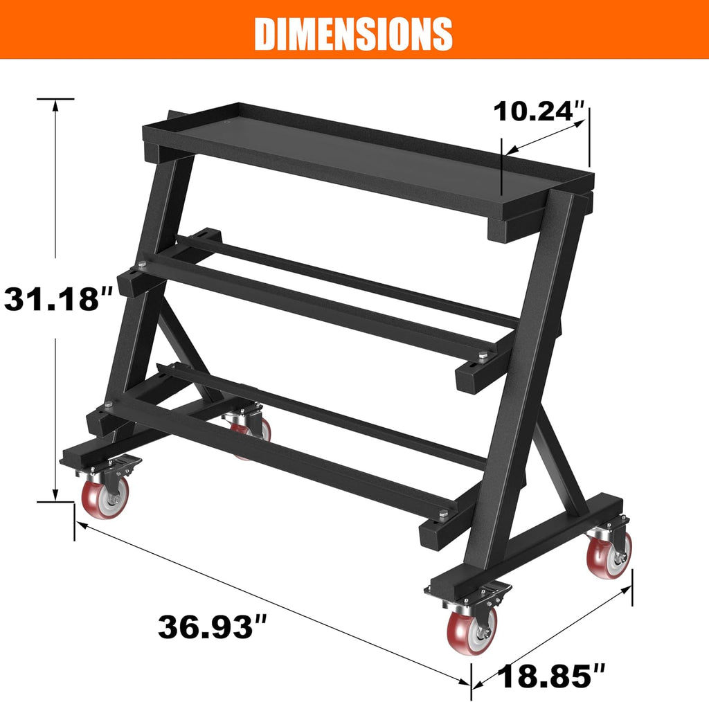 Heavy Duty 3 Tier Dumbbell Rack Stand, 1200LBS Commercial Weight Storage Organizer for Home Gym (Select Frame Type: Kettlebell Flat Tray, All Rails, or Rolling Wheels), Stand Only