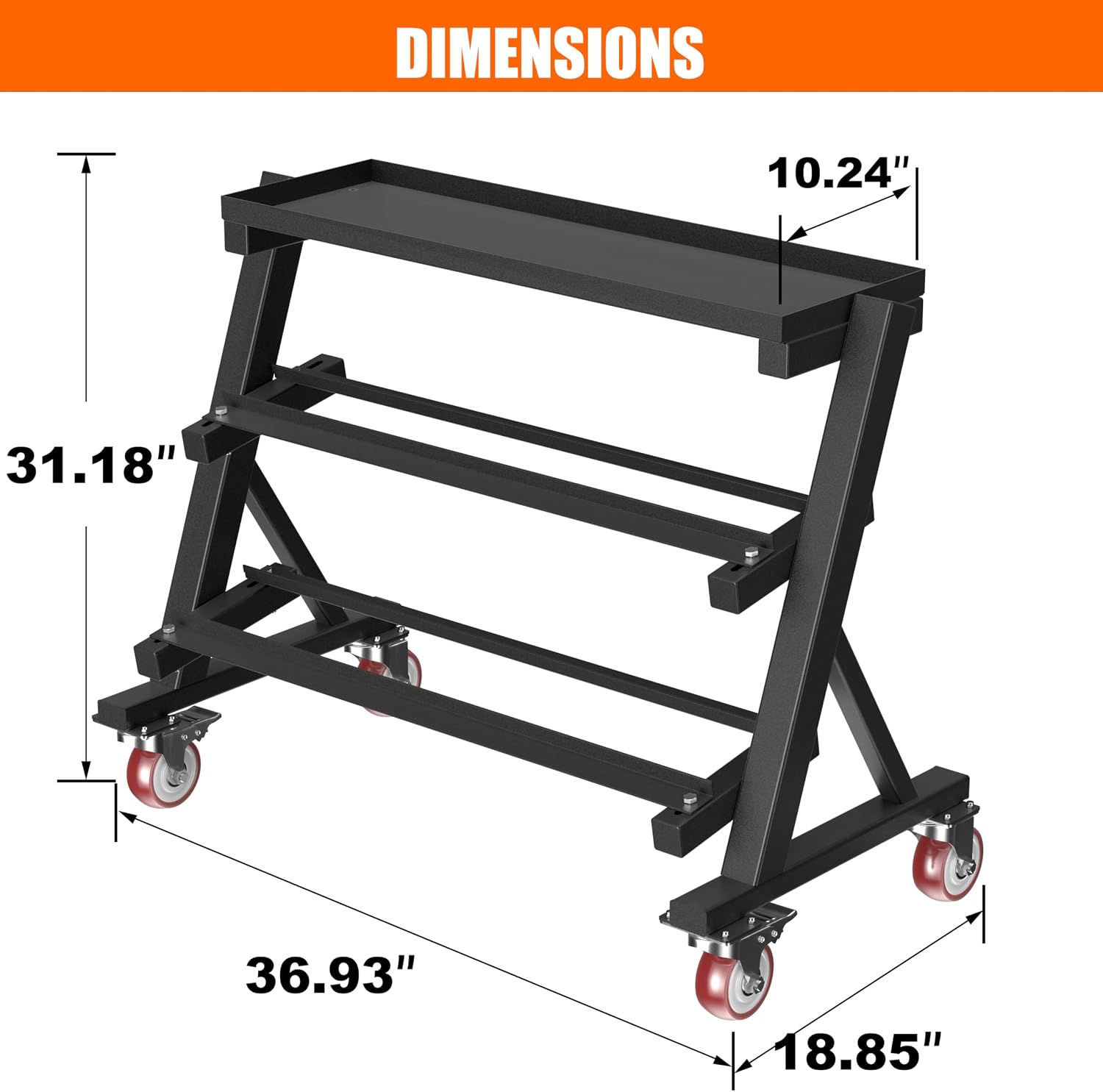 Heavy Duty 3 Tier Dumbbell Rack Stand, 1200LBS Commercial Weight Storage Organizer for Home Gym (Select Frame Type: Kettlebell Flat Tray, All Rails, or Rolling Wheels), Stand Only