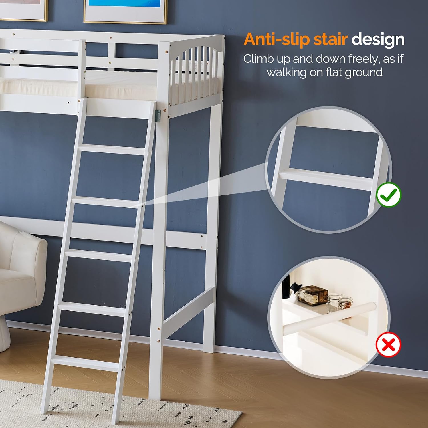 VINGLI Loft Bed Twin Size with USB Charging Station/LED, Solid Wood Single Loft Bunk Bed with Flat Rungs for Kids/Teens/Adults, 15 inches High Guardrail,Wood Slat Support No Box Spring Needed, White