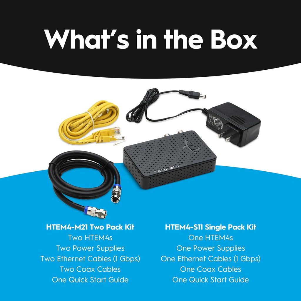 Hitron MoCA 2.5 Network Adapter (2-Pack) - Requires Connected Coax Network | Up to 1 Gbps Ethernet Over Existing Coax | Ideal for Cable Internet Homes | 2 HTEM4 Adapters