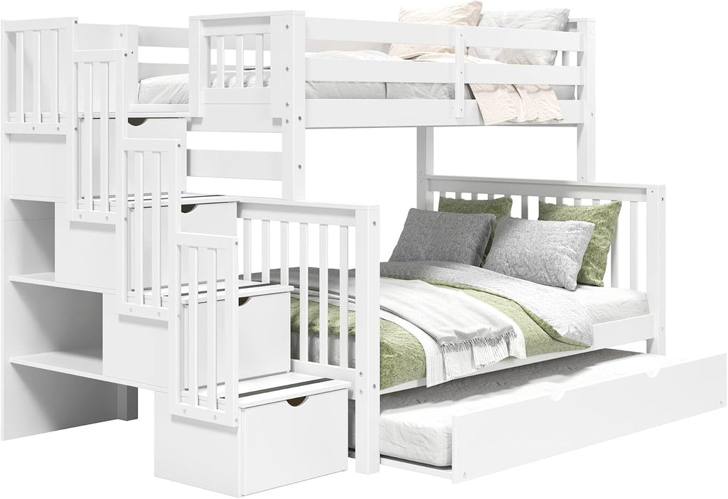Bedz King Stairway Bunk Beds Twin Over Full, 4 Step Drawers, Twin Trundle, White