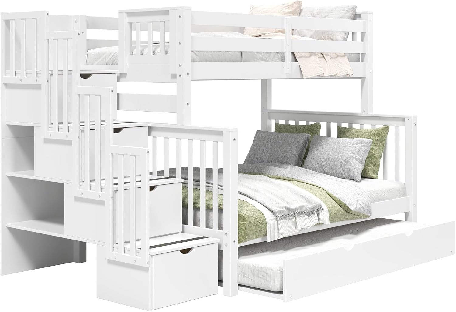 Bedz King Stairway Bunk Beds Twin Over Full, 4 Step Drawers, Twin Trundle, White