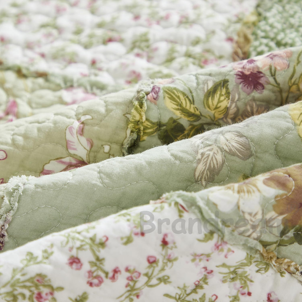 Brandream Patchwork Quilts Queen Size Cotton Green Rose Floral Quilted Comforter Set Country Rustic Coverlet Set 3-Piece