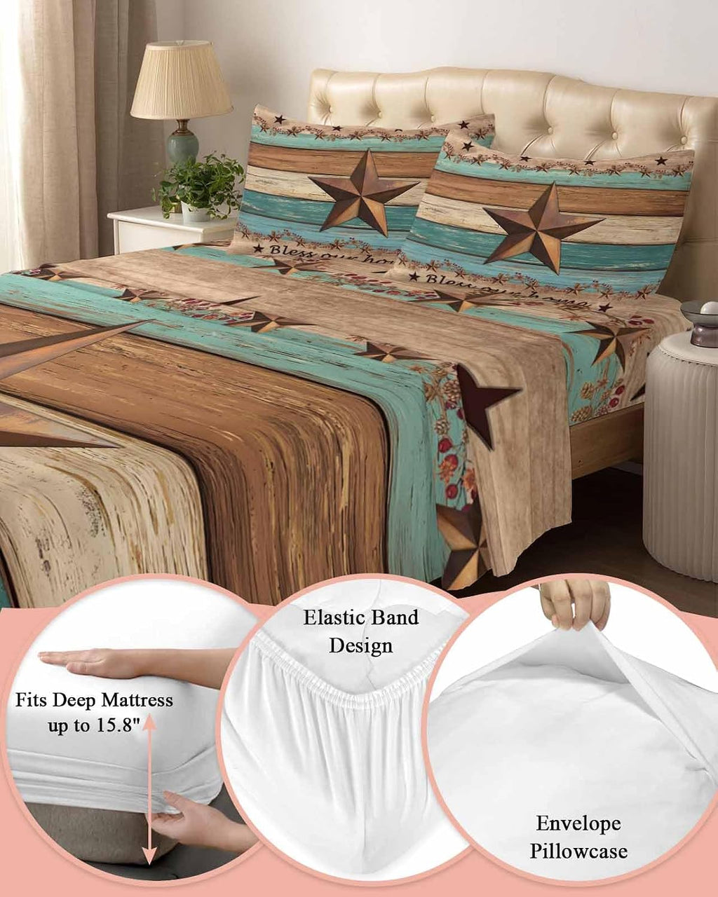 Western Texas Star Retro Cal King Sheet Set 4 Piece Bedding - Country Farmhouse Teal Brown Wood Grain Breathable Comfy Cooling Bed Sheets & Pillowcase Sets, Hotel Flat Sheets Deep Pockets Fitted Sheet