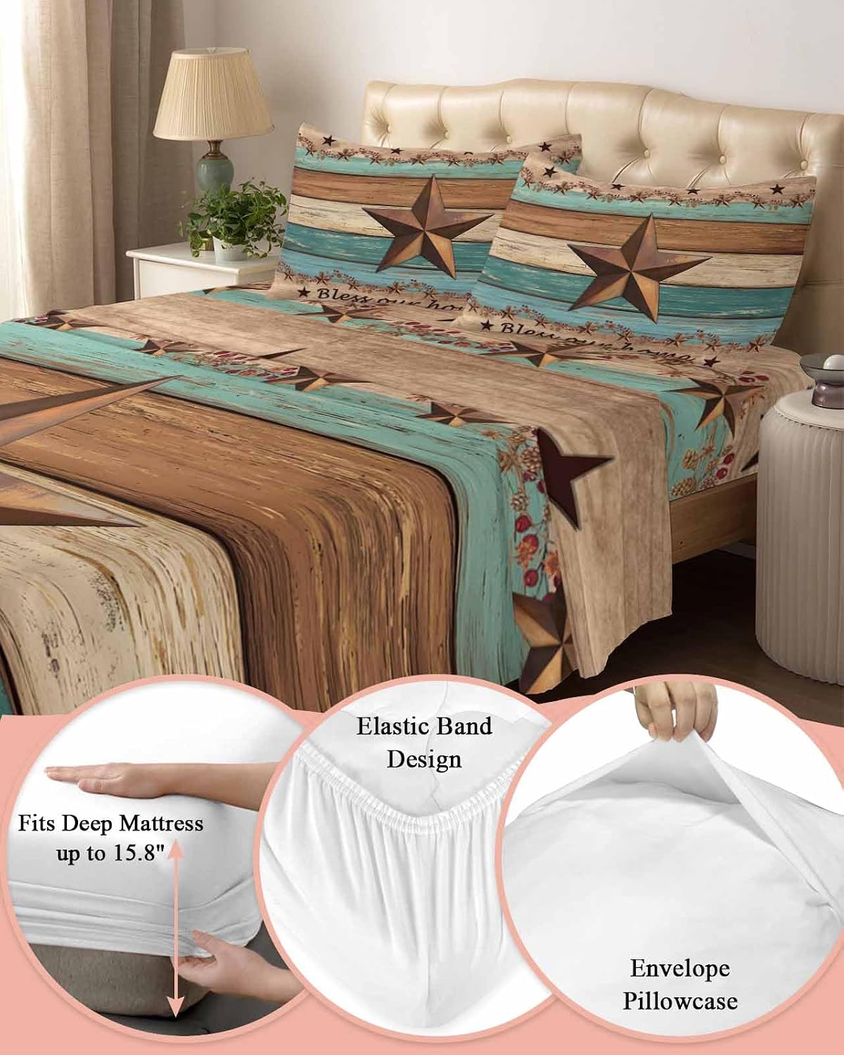 Western Texas Star Retro Cal King Sheet Set 4 Piece Bedding - Country Farmhouse Teal Brown Wood Grain Breathable Comfy Cooling Bed Sheets & Pillowcase Sets, Hotel Flat Sheets Deep Pockets Fitted Sheet