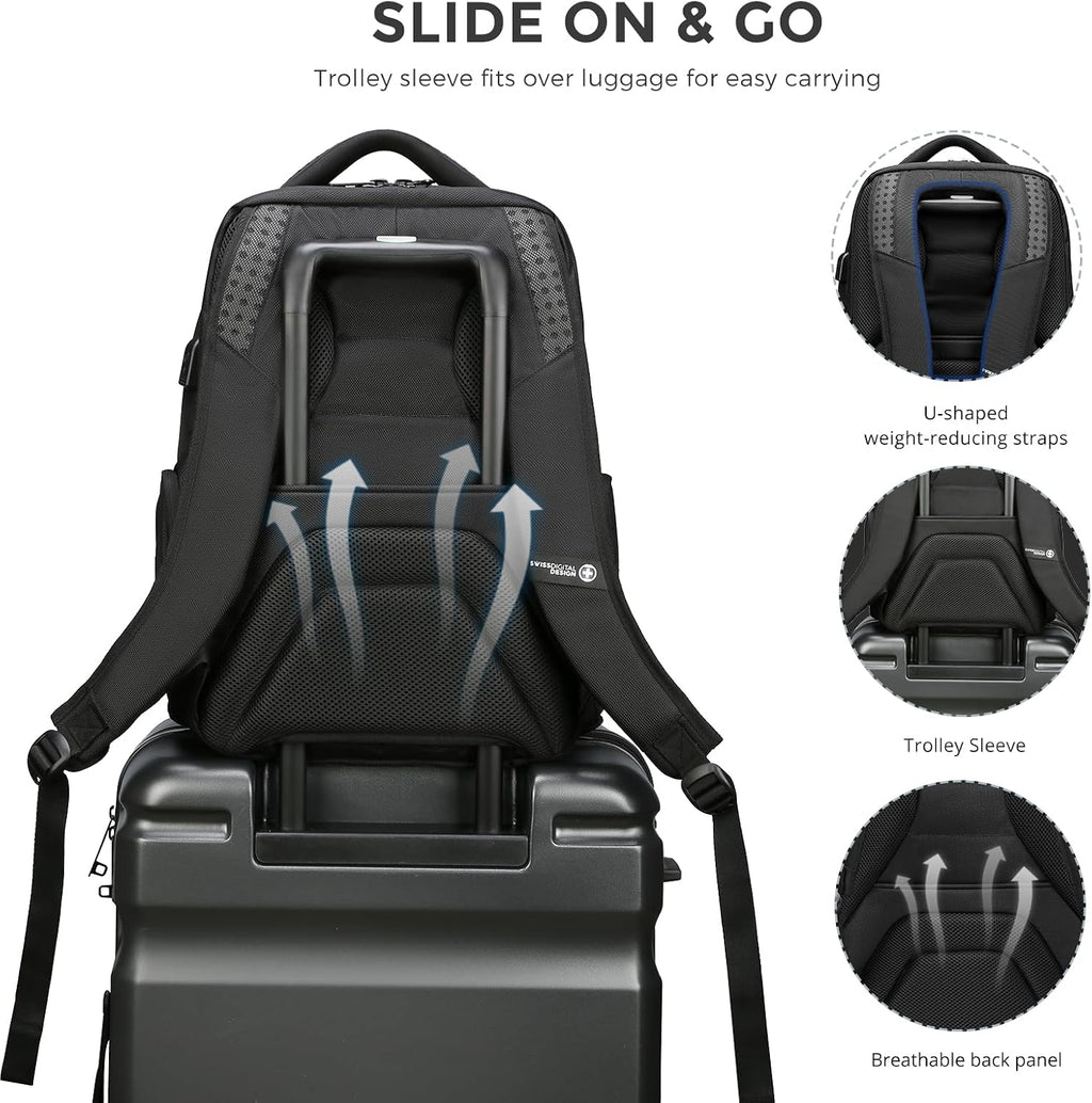 Swissdigital Design Men's Laptop Backpack for College and Business Travel with Integrated USB Charging Port and RFID Protection Fits Laptops up to 15.6 Inch, Black | SD1695-01